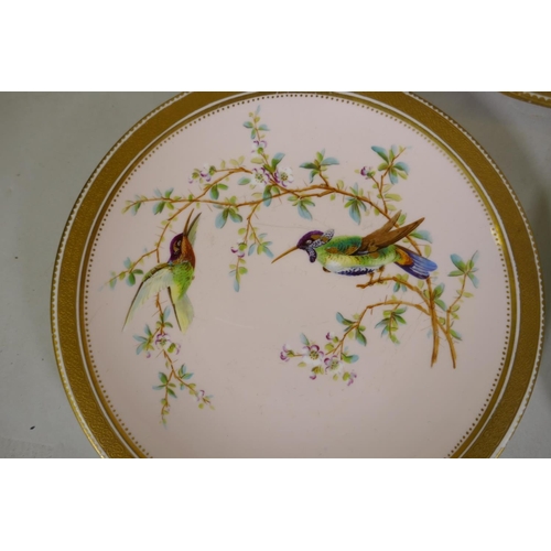 64 - A late C19th Derby porcelain part service, two tazza and three plates, with hand painted decoration ... 