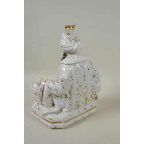 66 - A pair of French porcelain scent bottles modelled as a seated Sultan and Sultana, in the manner of J... 