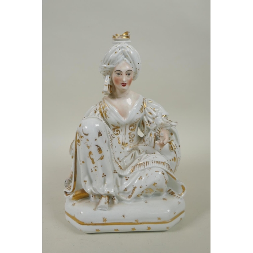 66 - A pair of French porcelain scent bottles modelled as a seated Sultan and Sultana, in the manner of J... 