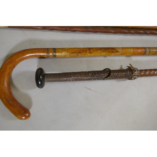 72 - A Basque Makhila walking stick, with horn pommel and plated leather handle on a Medlar wood shaft wi... 