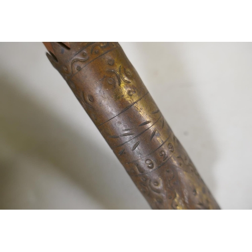 72 - A Basque Makhila walking stick, with horn pommel and plated leather handle on a Medlar wood shaft wi... 