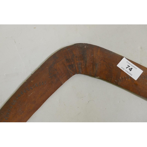 74 - An antique hardwood boomerang, 52cm wide