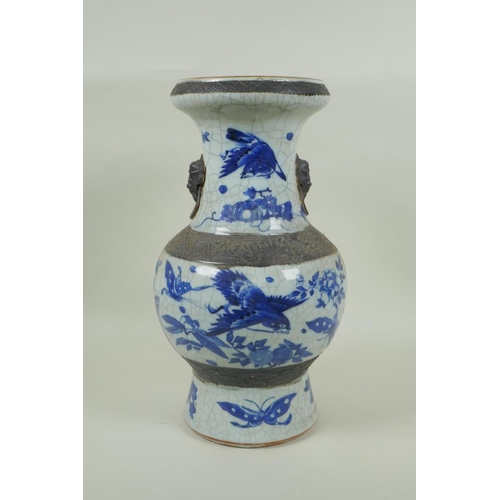 85 - A C19th Chinese blue and white crackle glazed vase with bronze style bands and decorated with birds ... 