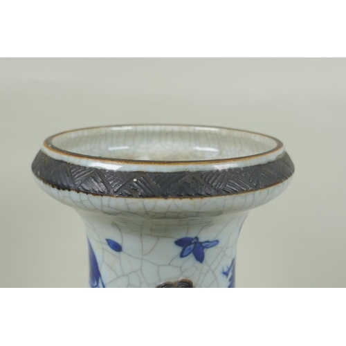 85 - A C19th Chinese blue and white crackle glazed vase with bronze style bands and decorated with birds ... 