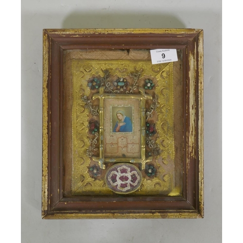 9 - An antique Maltese folk art framed home shrine, 23 x 27cm