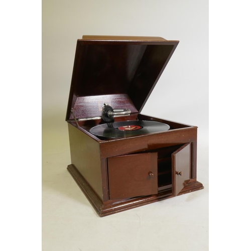 94 - An HMV mahogany cased wind up gramophone, 37 x 45 x 32cm