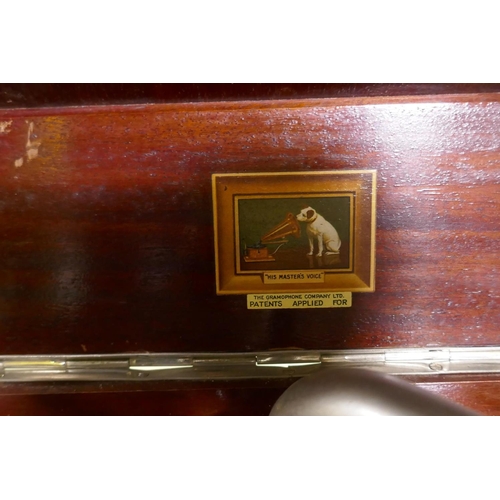 94 - An HMV mahogany cased wind up gramophone, 37 x 45 x 32cm