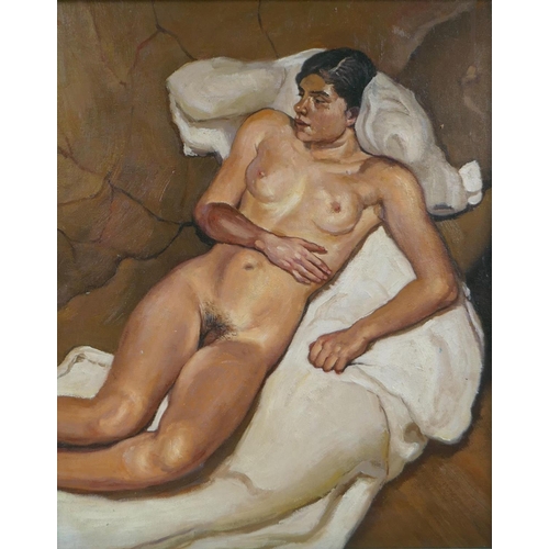 896 - In the manner of Lucien Freud, (British, 1922-2011), reclining female nude, oil on canvas board, 42 ... 