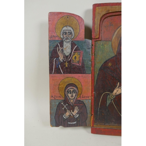 897 - An C18th/C19th Greek Orthodox triptych icon, 18 x 28cm, 36 x 28cm unfolded