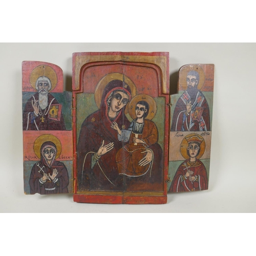 897 - An C18th/C19th Greek Orthodox triptych icon, 18 x 28cm, 36 x 28cm unfolded