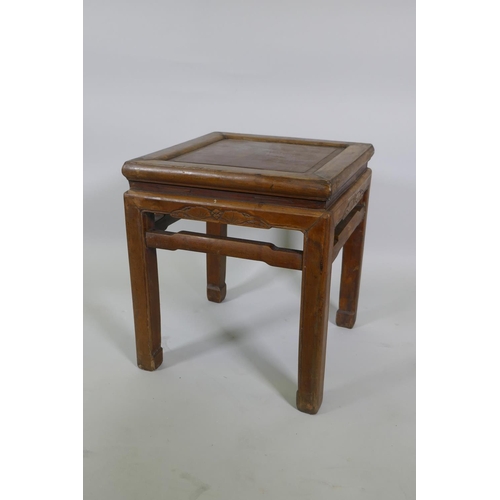 1109 - A Chinese hardwood occasional table with carved bat decoration, 43 x 43cm, 48cm high