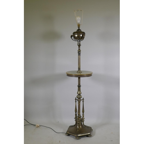 1197 - A silver plated standard/floor lamp, with onyx table, converted from oil to electricity, 168cm high