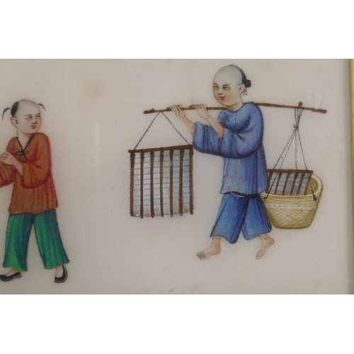 934 - A set of six C19th Chinese watercolours on rice paper, depicting street vendors, each 12 x 9cm, hous... 