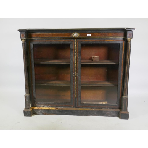 1169 - A Victorian Aesthetic style ebonised inverted breakfront display cabinet with burr walnut inlaid dec... 