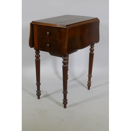 1181 - C19th mahogany work table with drop flaps and two drawers, and slide out under basket, raised on flu... 