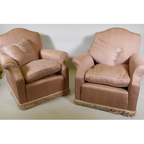 1171 - A pair of vintage easy chairs with hump backs and watered silk covers