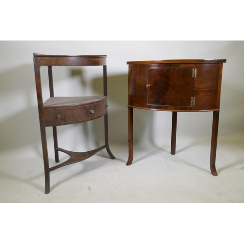 1148 - A Victorian mahogany bow front corner washstand with single cupboard door, raised on sabre supports,... 