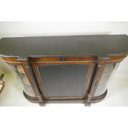 1234 - A Victorian Aesthetic ebony and amboyna inlaid credenza with brass mounts, the inverted breakfront t... 