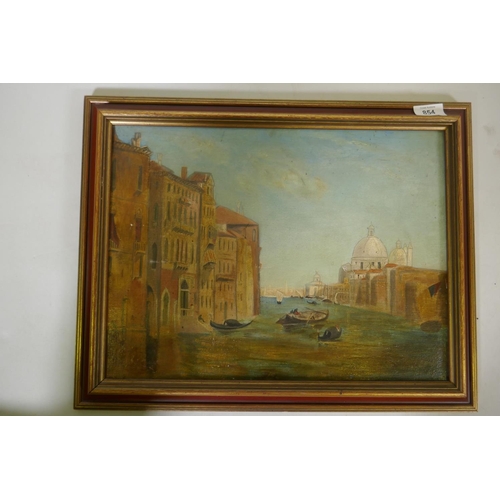 955 - Venetian backwater with gondolas and barges, signed indistinctly, inscribed verso Alfie? Pallentine,... 