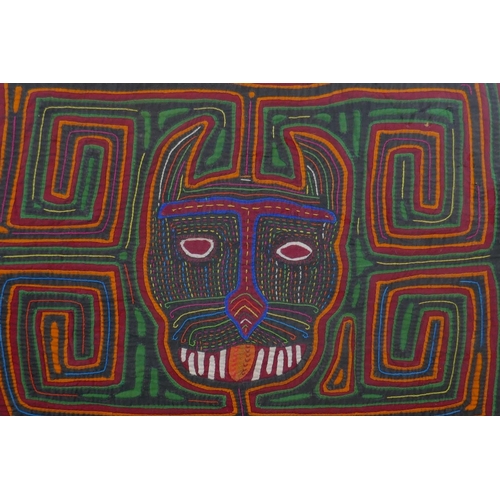 956 - Four Central American 'Kuna Mola' textile artworks of animals, 42 x 30cm