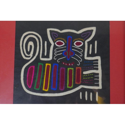 956 - Four Central American 'Kuna Mola' textile artworks of animals, 42 x 30cm