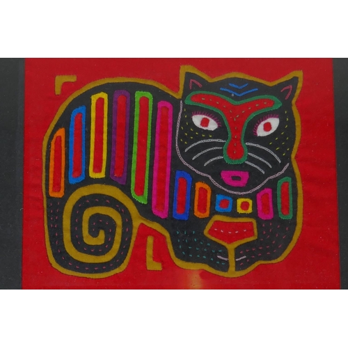 956 - Four Central American 'Kuna Mola' textile artworks of animals, 42 x 30cm