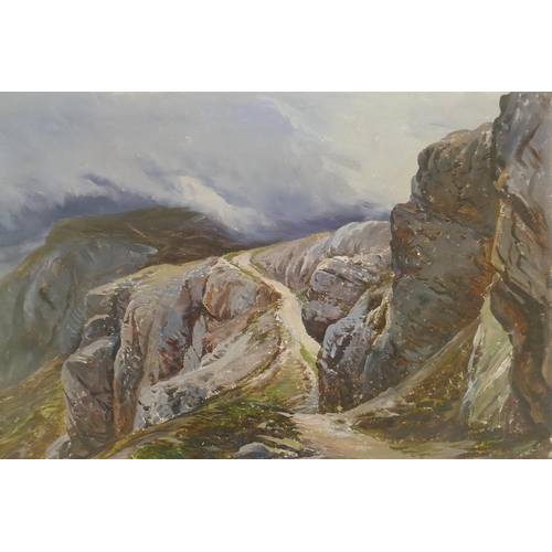 958 - Mountain track under stormy skies, unsigned, oil on paper, 36 x 24cm