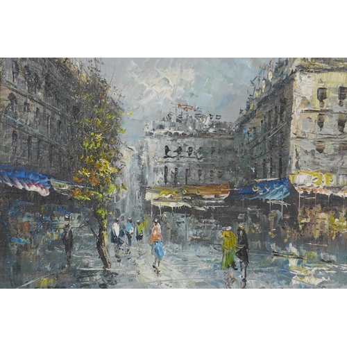 963 - Parisian street scene, signed Neil, oil on board, 41 x 31cm, and a pair similar signed A. Brower, mi... 