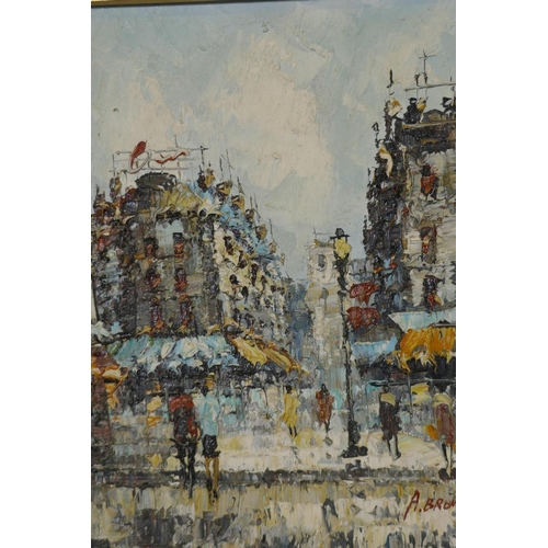 963 - Parisian street scene, signed Neil, oil on board, 41 x 31cm, and a pair similar signed A. Brower, mi... 