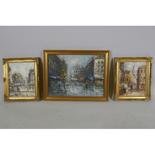 963 - Parisian street scene, signed Neil, oil on board, 41 x 31cm, and a pair similar signed A. Brower, mi... 