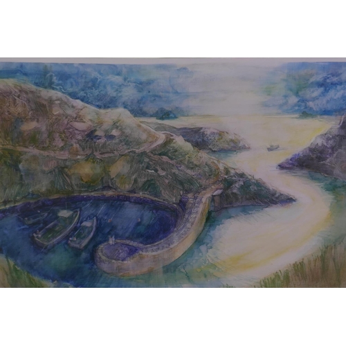 954 - John Simmons, Boscastle, signed and labelled verso, gouache, 65 x 44cm