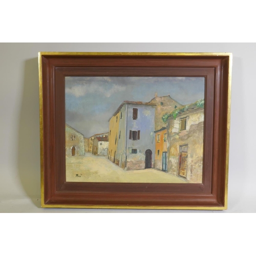 952 - French village street, signed Parr '62, oil on board, 56 x 43cm