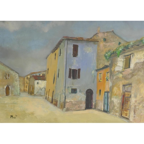 952 - French village street, signed Parr '62, oil on board, 56 x 43cm