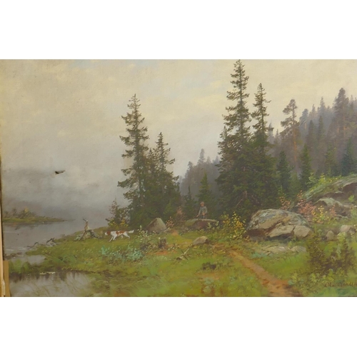 953 - Olaf Nordlien, Norwegian landscape with a hunter and hound, signed, oil on canvas, 76 x 55cm