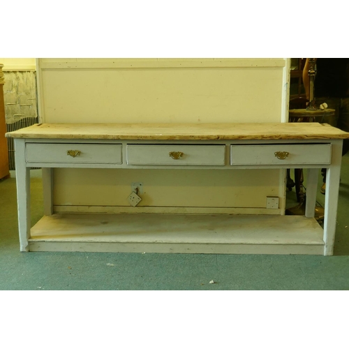 1002 - A C19th pine pot board dresser, scrubbed top over a painted base of three drawers, raised on square ... 