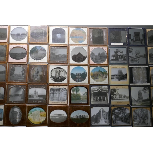 101 - Collection of magic lantern slides in copper frames by J. Moore of Birmingham, views of India, Banga... 