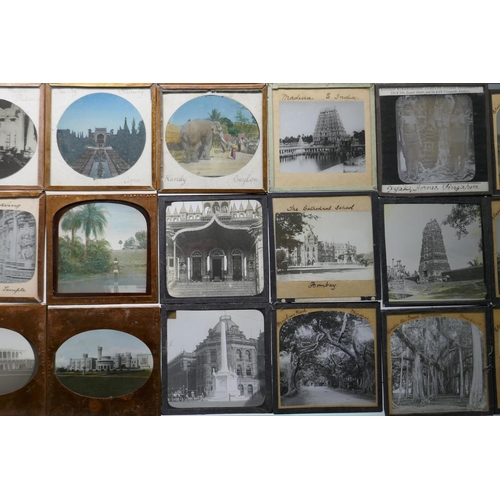 101 - Collection of magic lantern slides in copper frames by J. Moore of Birmingham, views of India, Banga... 