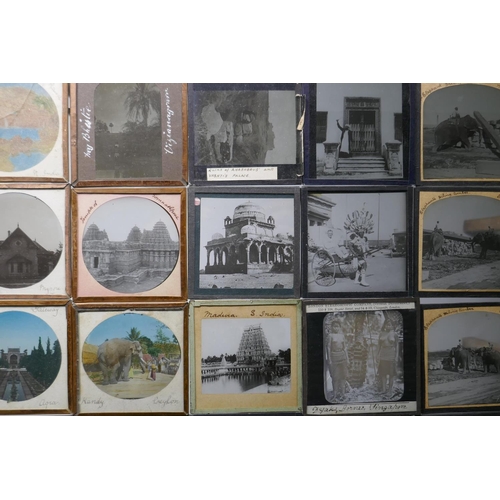 101 - Collection of magic lantern slides in copper frames by J. Moore of Birmingham, views of India, Banga... 