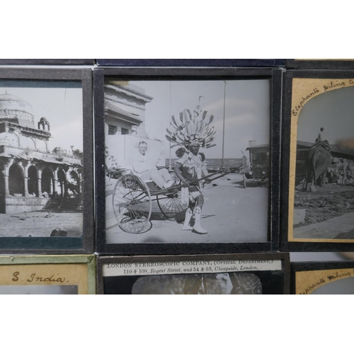 101 - Collection of magic lantern slides in copper frames by J. Moore of Birmingham, views of India, Banga... 