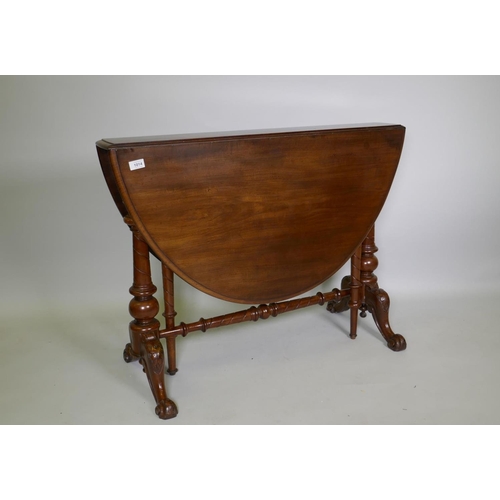 1014 - A Victorian mahogany Sutherland table, raised on turned end columns with scroll supports, 97 x 16 x ... 