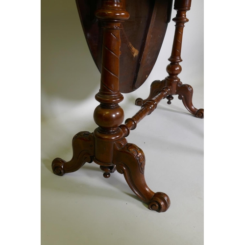 1014 - A Victorian mahogany Sutherland table, raised on turned end columns with scroll supports, 97 x 16 x ... 