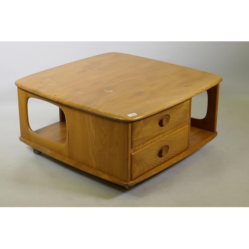 1024 - A mid C20th Ercol elm Pandora's box occasional table, Model 735, 80 x 80cm, 38cm high