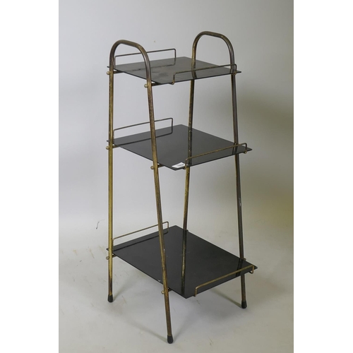 1030 - A three tier metal open shelf with glass shelves, 80 x 30 x 38cm