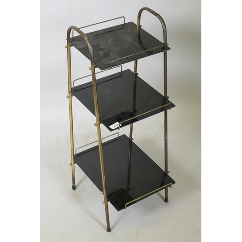 1030 - A three tier metal open shelf with glass shelves, 80 x 30 x 38cm