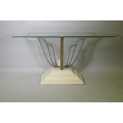 1034 - A contemporary glass topped bronze and composition console table, 135 x 42cm, 71cm high