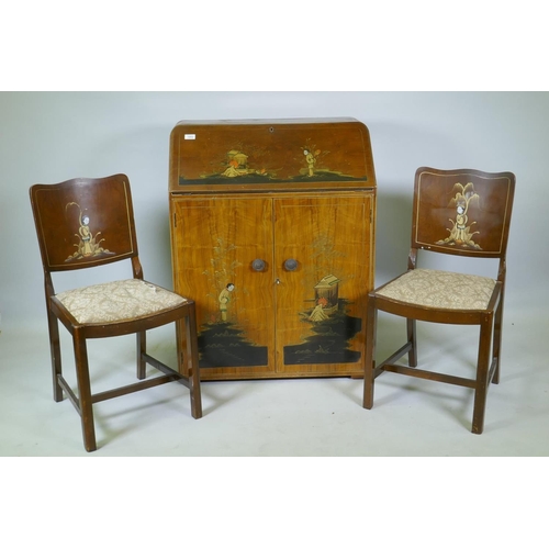 1052 - An Art Deco 'Turnidge' walnut bureau with raised chinoiserie decoration, the fall front with fitted ... 