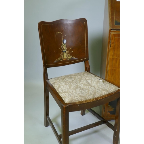 1052 - An Art Deco 'Turnidge' walnut bureau with raised chinoiserie decoration, the fall front with fitted ... 