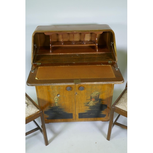 1052 - An Art Deco 'Turnidge' walnut bureau with raised chinoiserie decoration, the fall front with fitted ... 