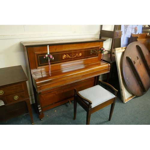 1057 - A Metzler of London walnut cased upright piano with inlaid decoration and brass candle sconces, and ... 