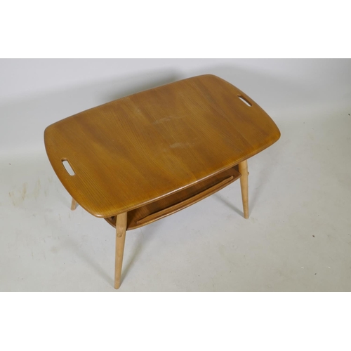 1062 - A mid C20th Ercol elm and beech Windsor tray table with undertier, Model No. 457, 72 x 75 x 45cm